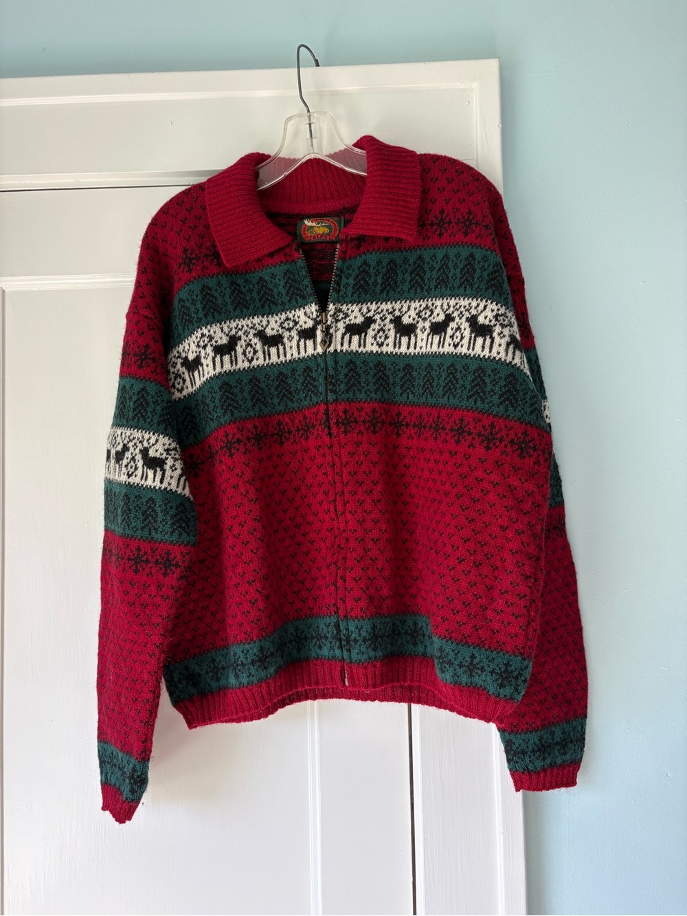 Vtg 90s ALPS Fine Womens Apparel Moose Fair Isle Nordic Full Zip Sweater Jacket